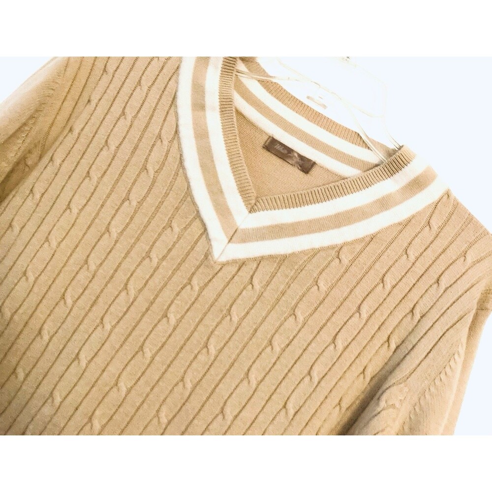 Vintage White Stag Womens Cable Knit Sweater XL Tan V Neck Varsity Preppy